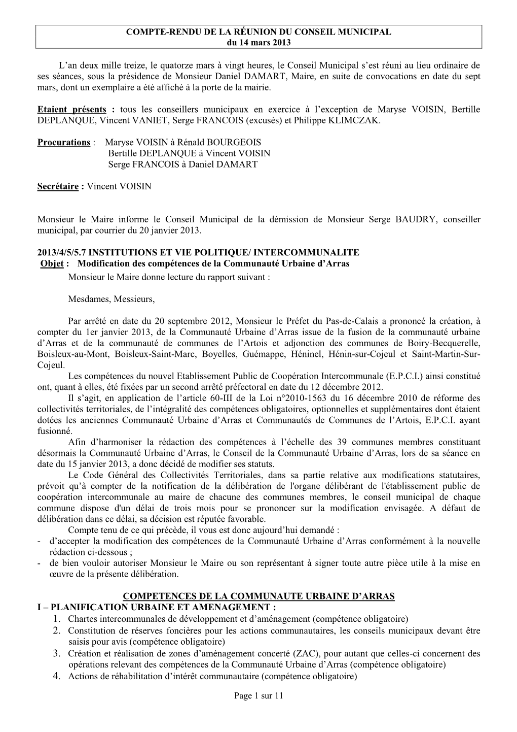 COMPTE-RENDU DE LA RÉUNION DU CONSEIL MUNICIPAL Du 14 Mars 2013