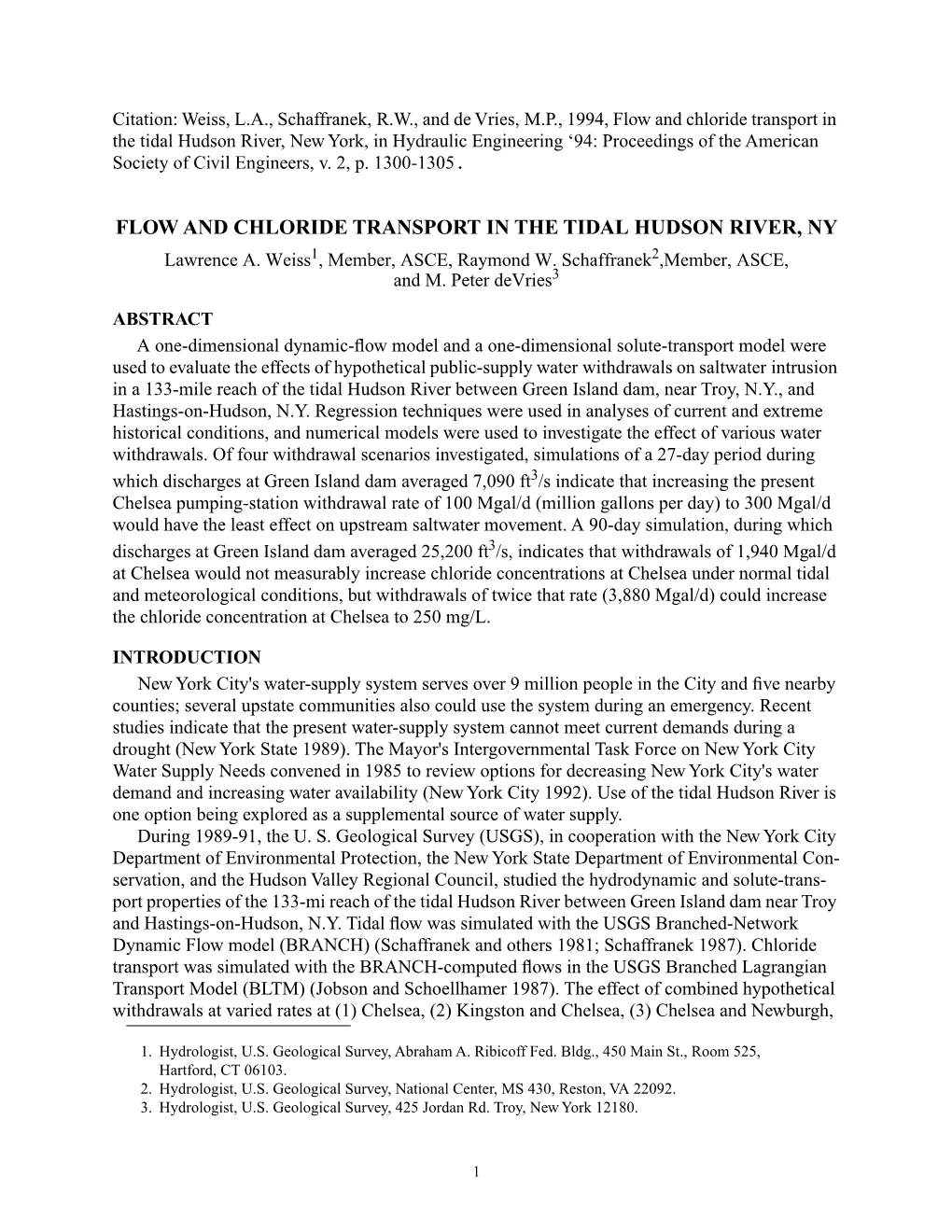 FLOW and CHLORIDE TRANSPORT in the TIDAL HUDSON RIVER, NY Lawrence A