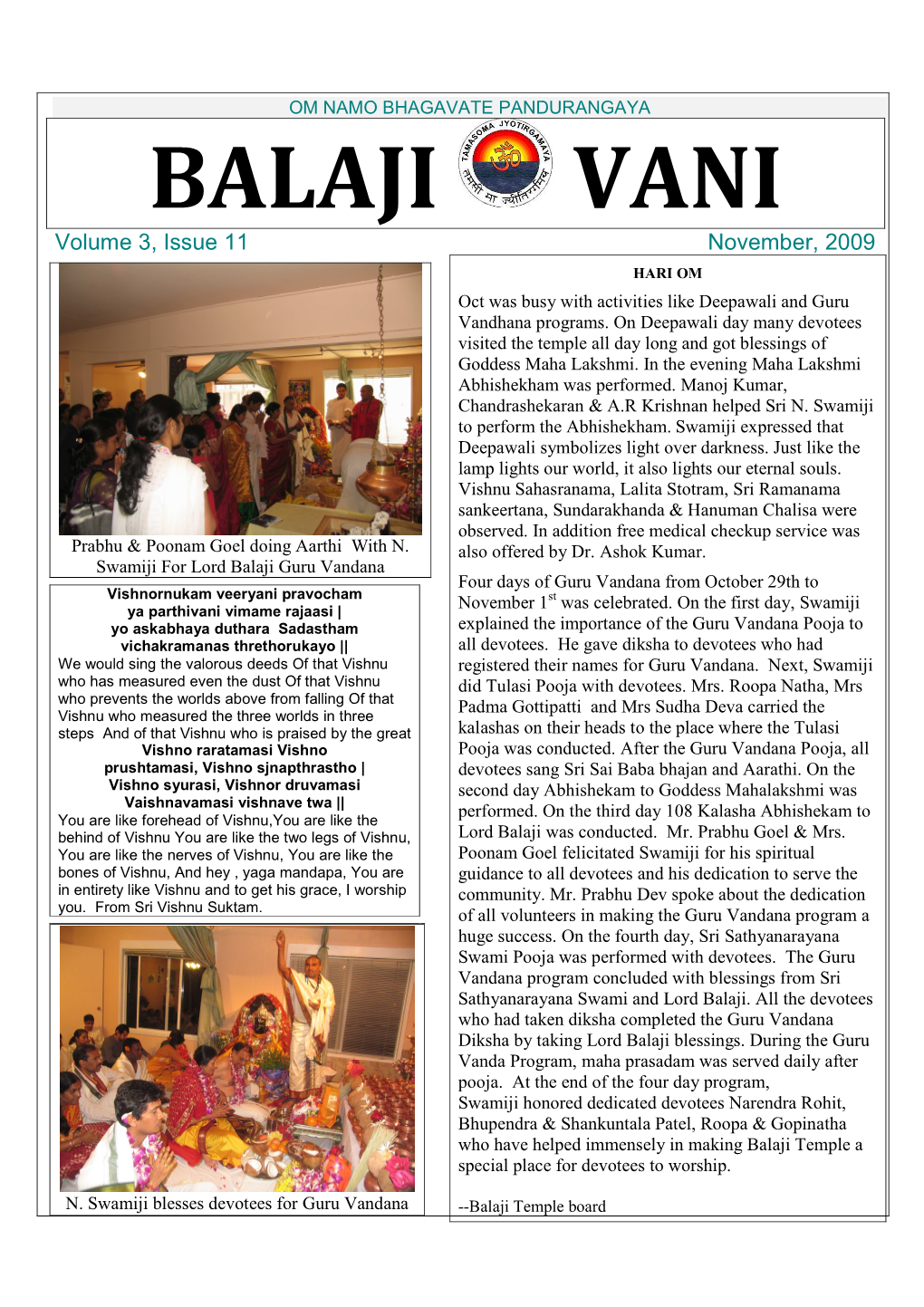 BALAJI VANI Volume 3, Issue 11 November, 2009