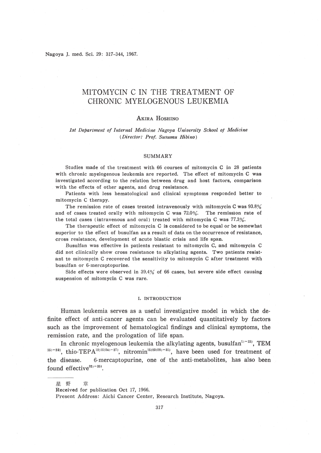 Mitomycin C in the Treatment of Chronic Myelogenous Leukemia