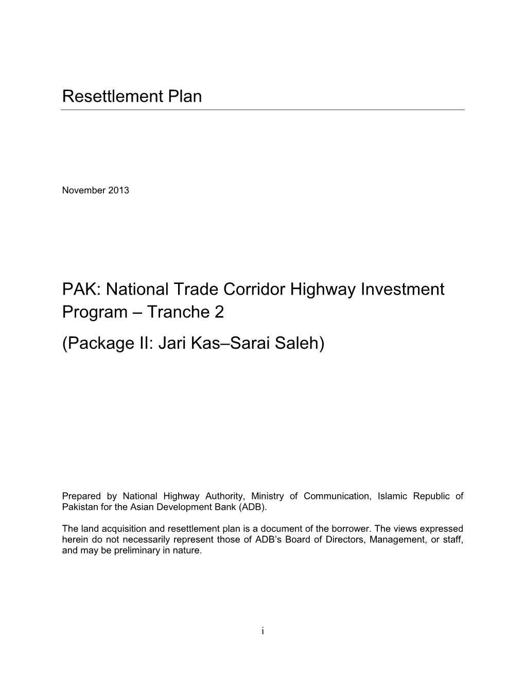 National Trade Corridor Highway Investment Program – Tranche 2 (Package II: Jari Kas–Sarai Saleh)