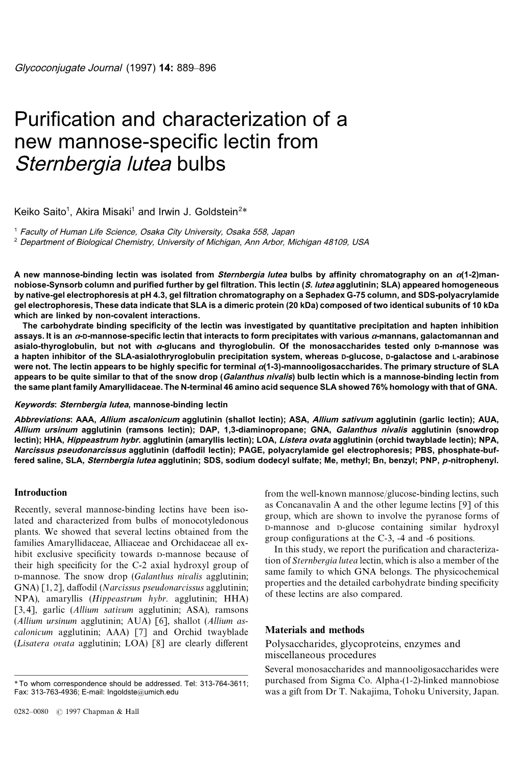 Purification and Characterization of a New Mannose-Specific Lectin from Sternbergia Lutea Bulbs