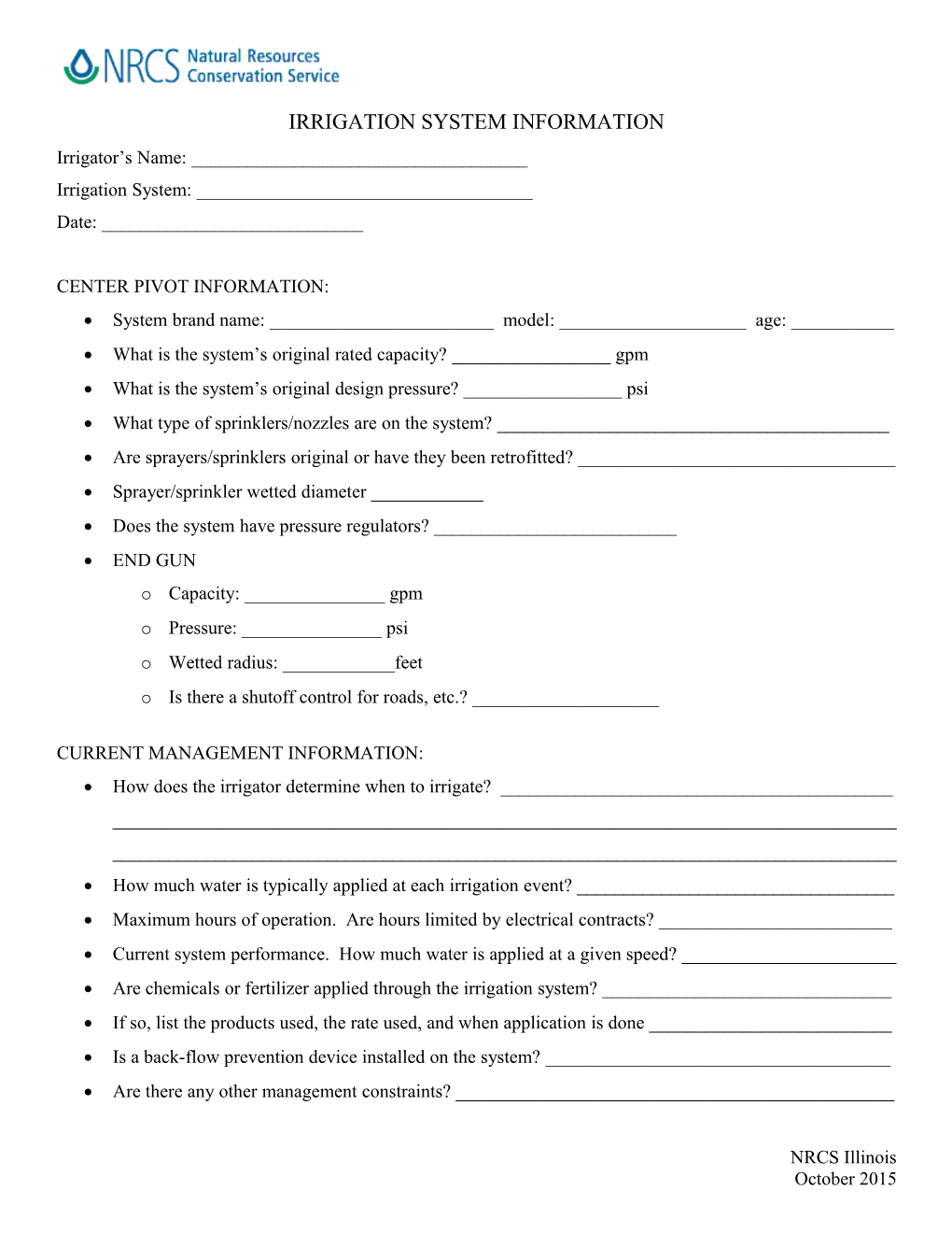 Irrigation System Evaluation Data Sheet