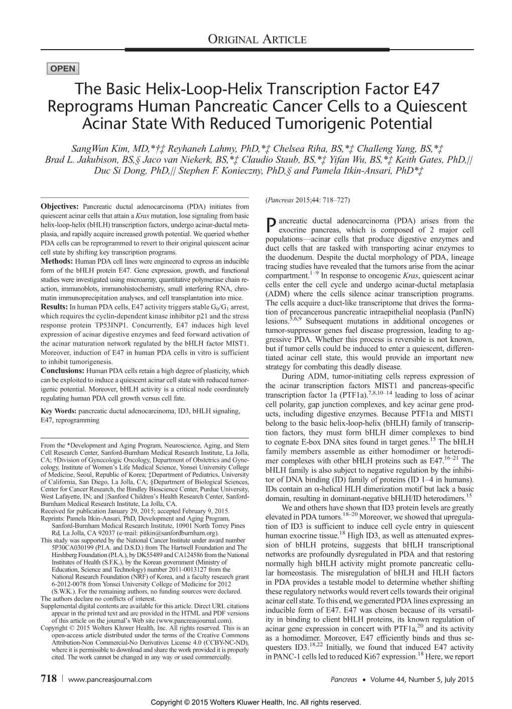 The Basic Helix-Loop-Helix Transcription Factor E47 Reprograms Human Pancreatic Cancer Cells to a Quiescent Acinar State with Reduced Tumorigenic Potential