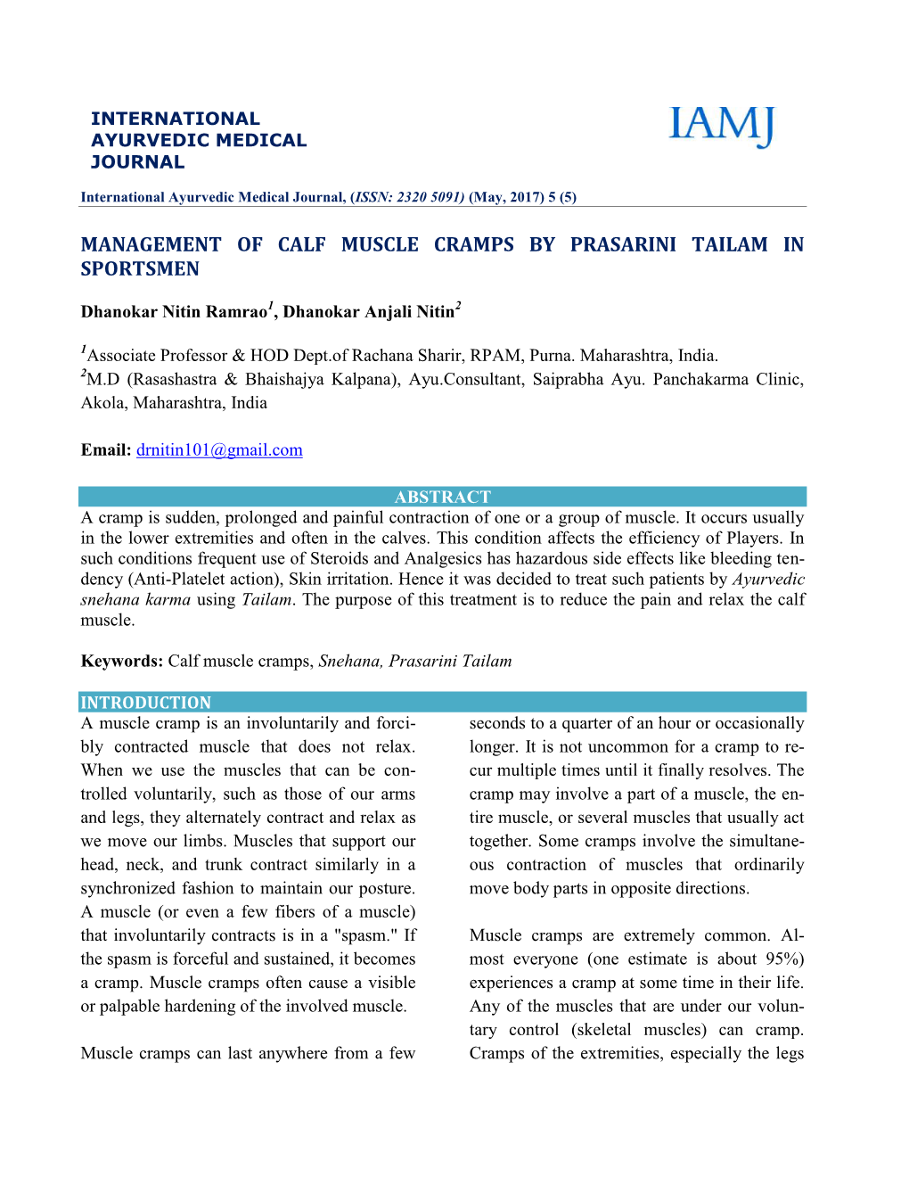 Management of Calf Muscle Cramps by Prasarini Tailam in Sportsmen