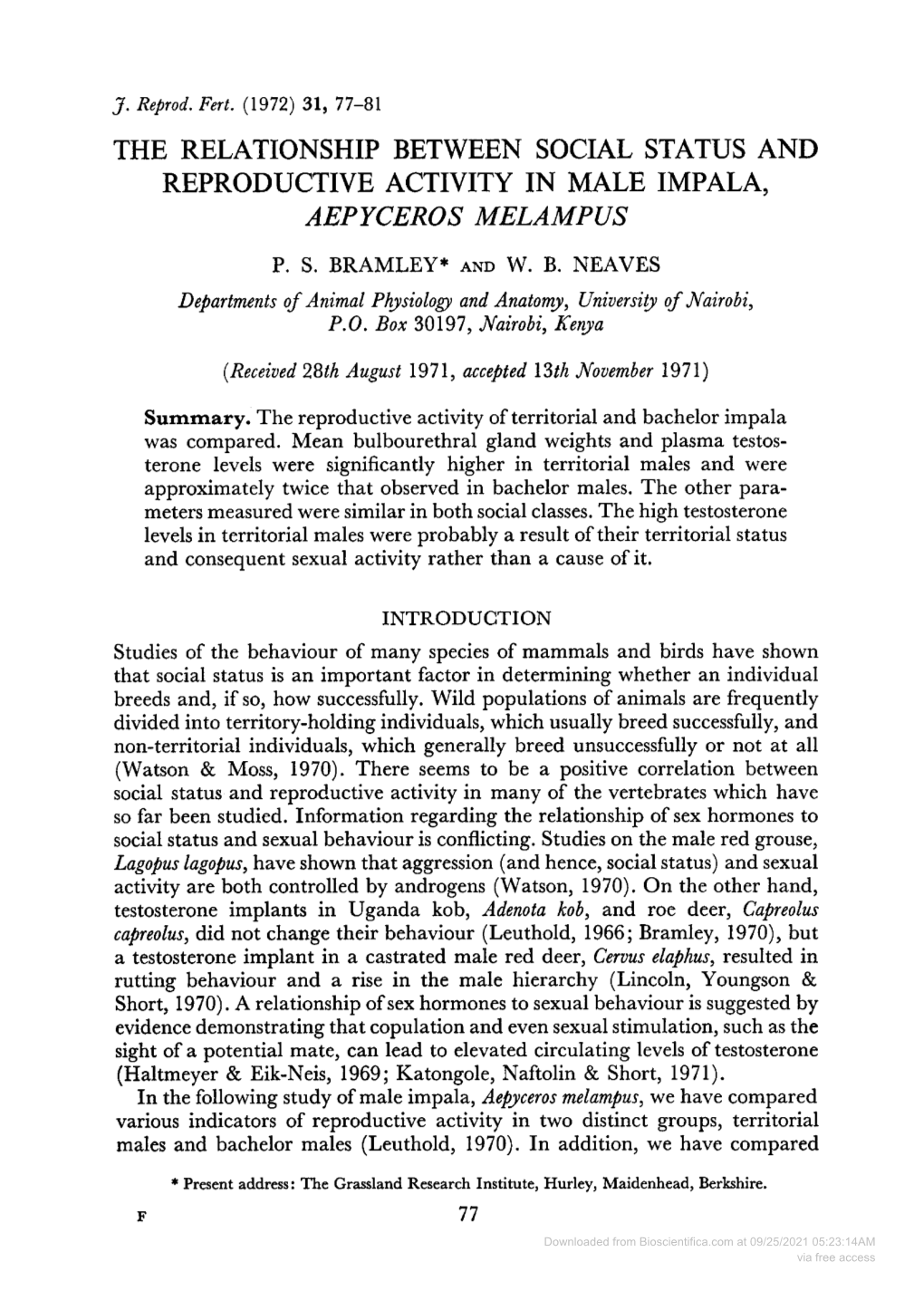 The Relationship Between Social Status and Reproductive Activity in Male Impala, Aepyceros Melampus