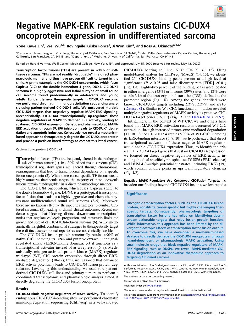 Negative MAPK-ERK Regulation Sustains CIC-DUX4 Oncoprotein Expression in Undifferentiated Sarcoma