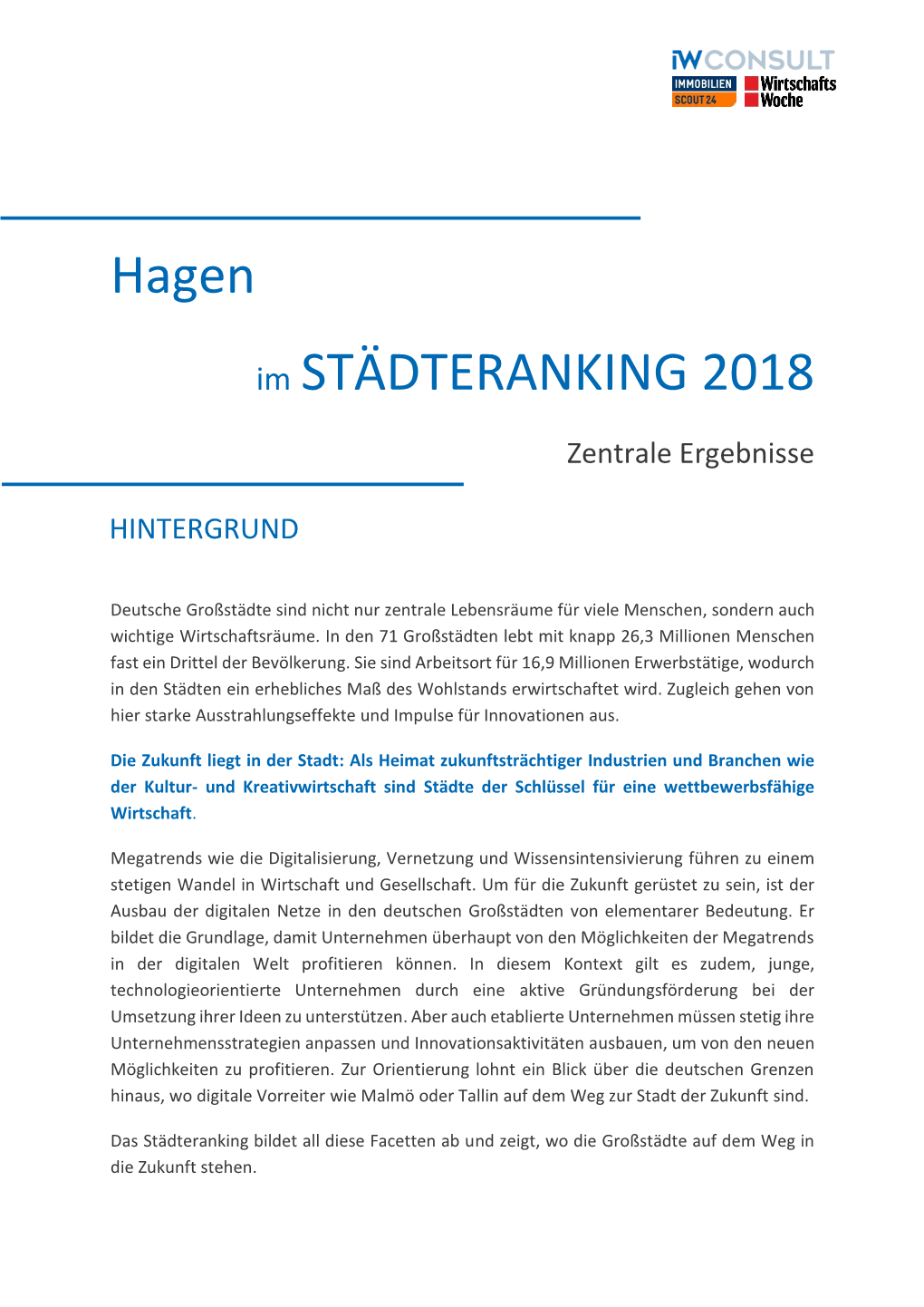 Hagen Im STÄDTERANKING 2018