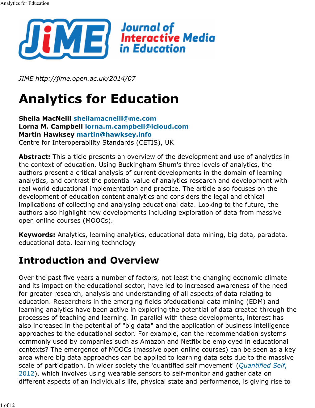 Analytics for Education