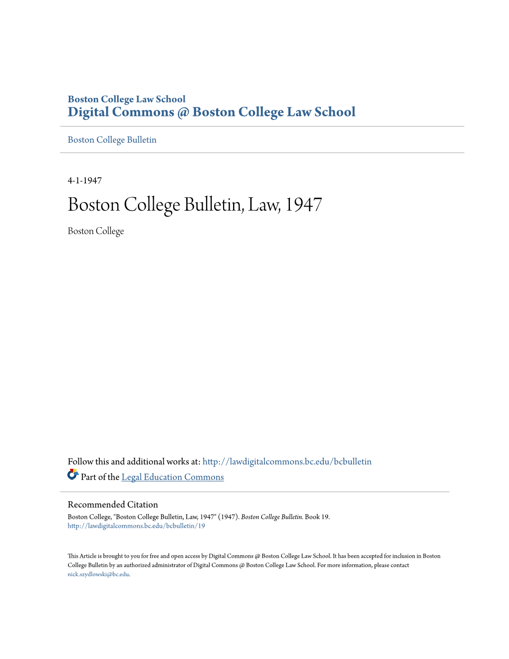 Boston College Bulletin, Law, 1947 Boston College