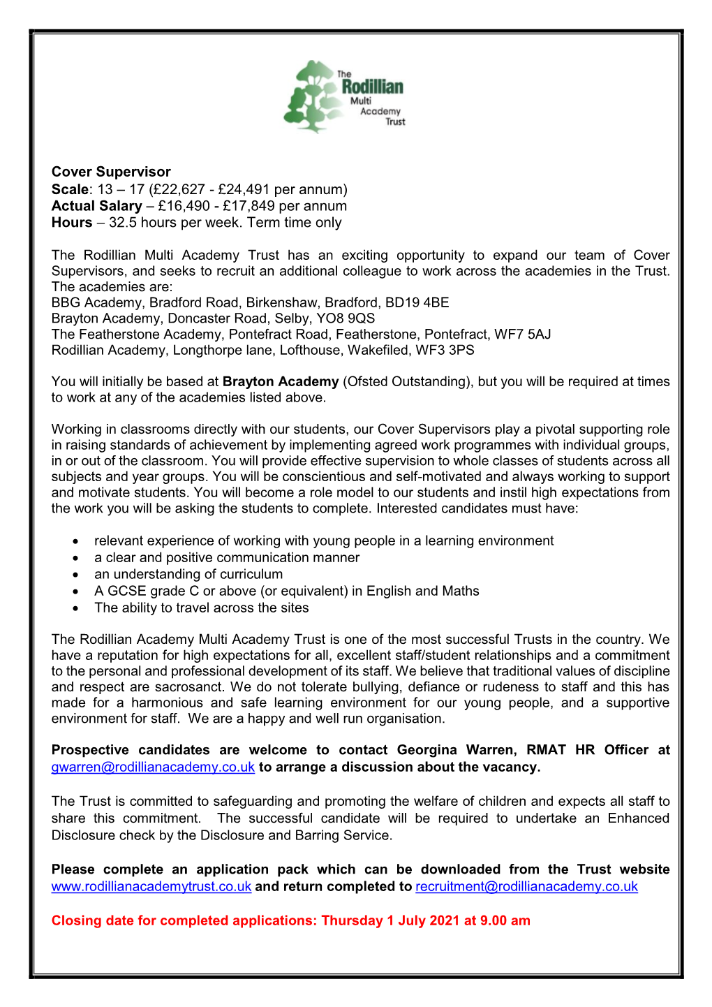 Cover Supervisor Job Advert RMAT June 2021