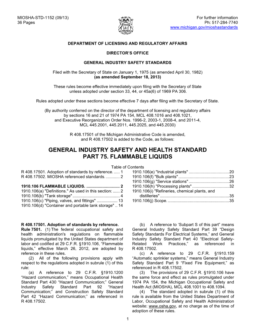 General Industry Safety and Health Standard Part 75. Flammable Liquids