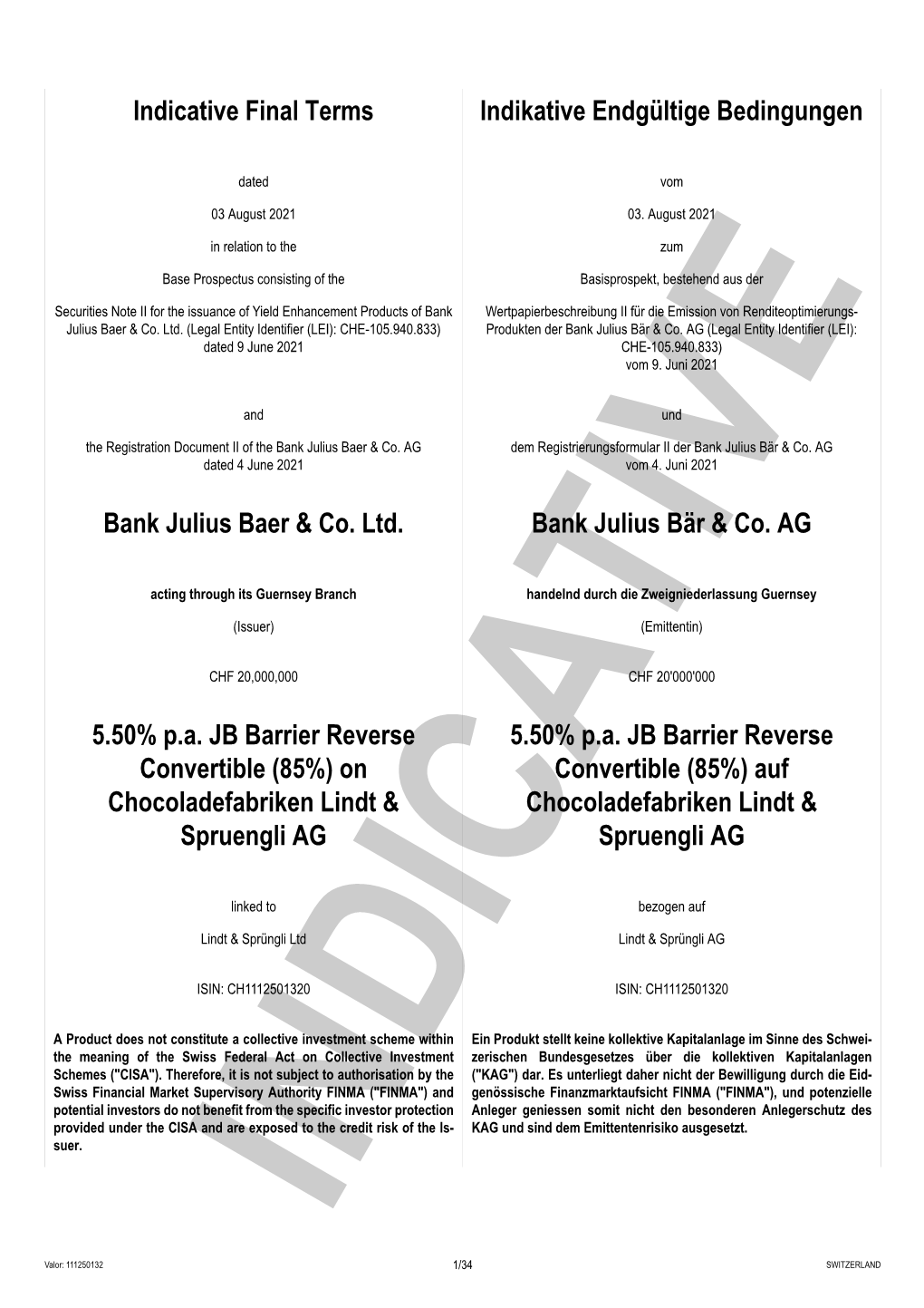 111250132 | 5.50% P.A. JB Barrier Reverse Convertible (85%) on Chocoladefabriken Lindt & Spruengli AG | Julius Baer Derivati