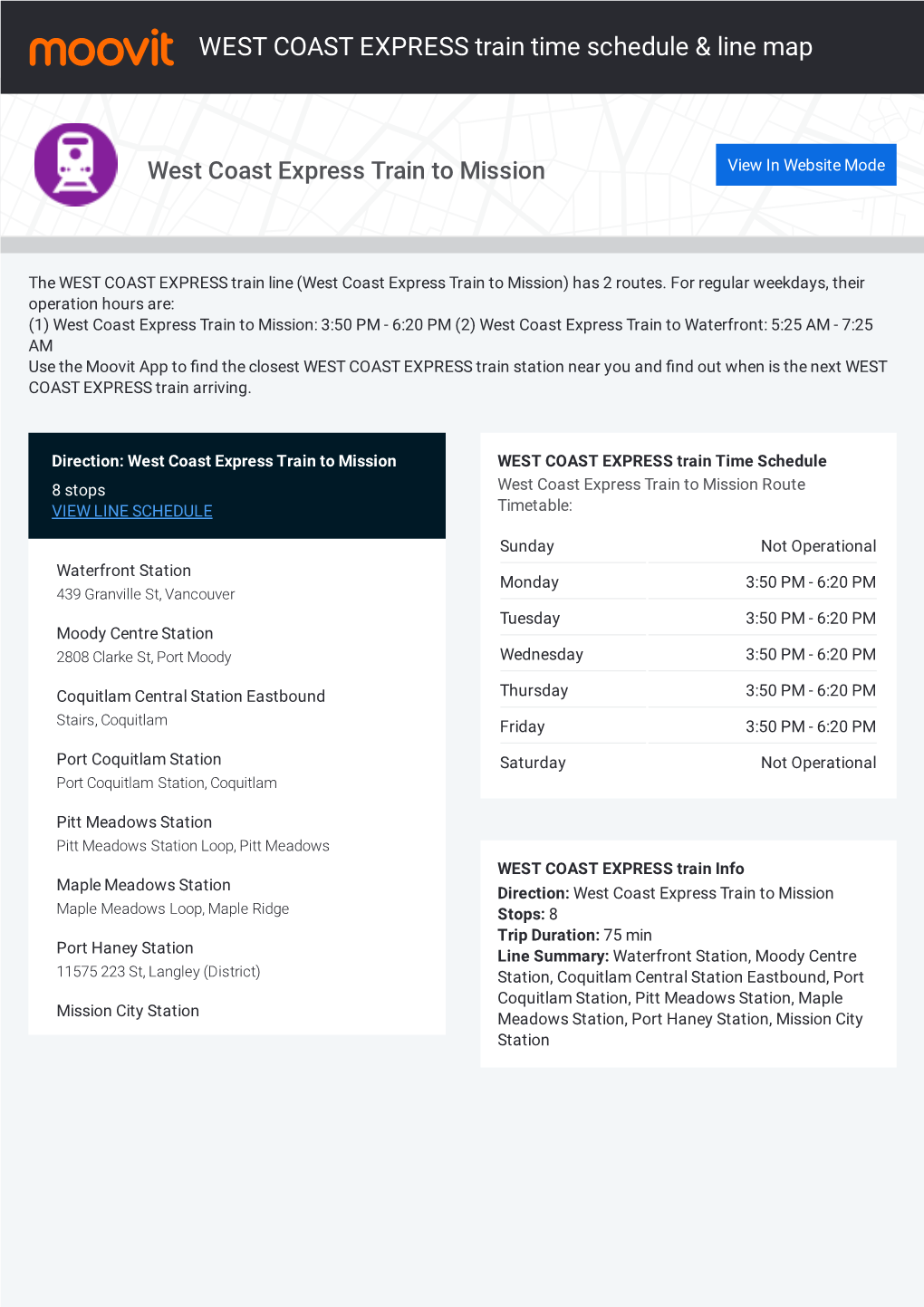 WEST COAST EXPRESS Train Time Schedule & Line Route