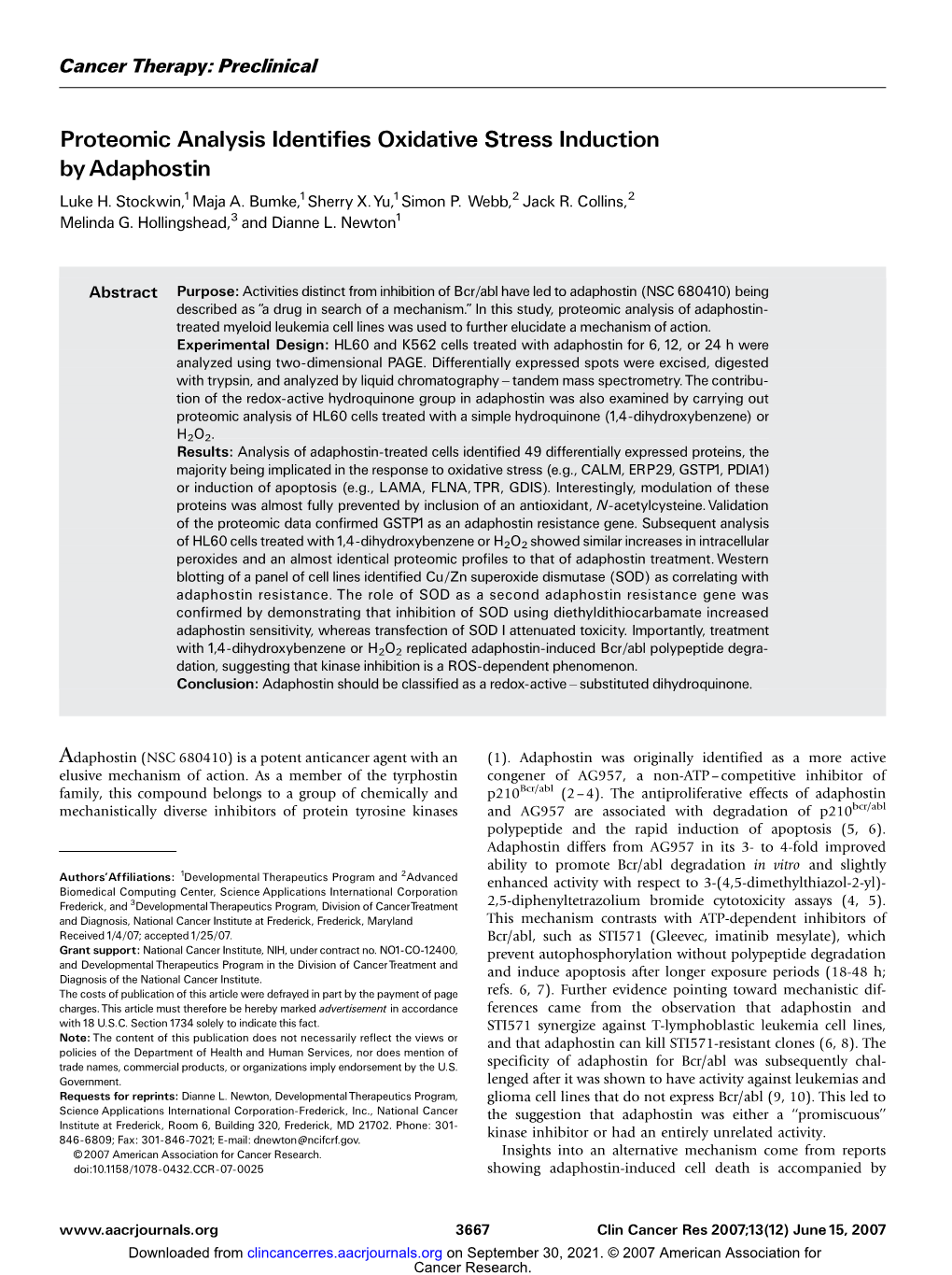 Proteomic Analysis Identifies Oxidative Stress Induction by Adaphostin Luke H