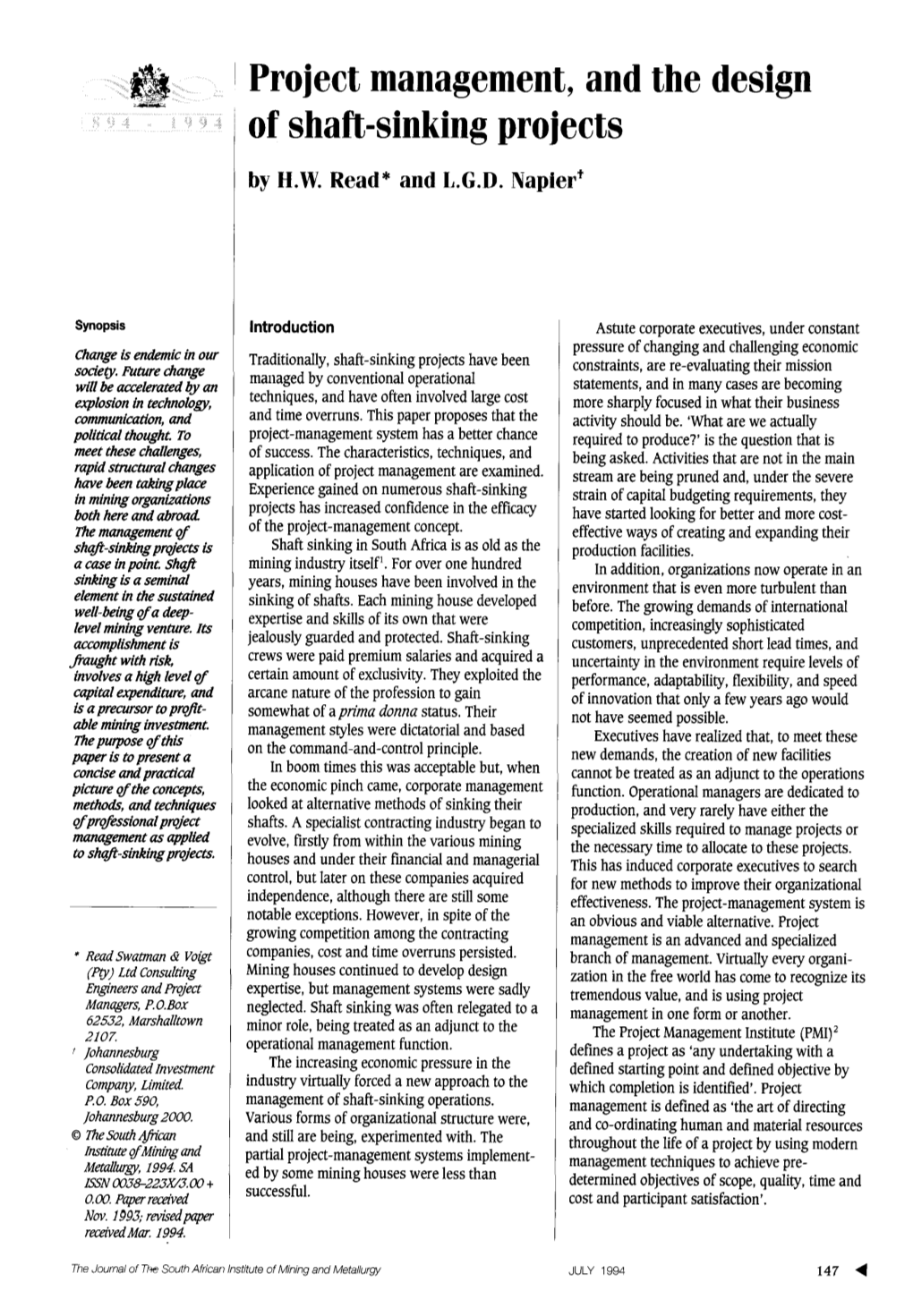 Project Management, and the Design of Shaft-Sinking Projects