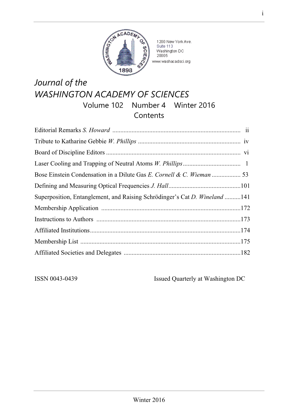 Journal of the WASHINGTON ACADEMY of SCIENCES Volume 102 Number 4 Winter 2016 Contents