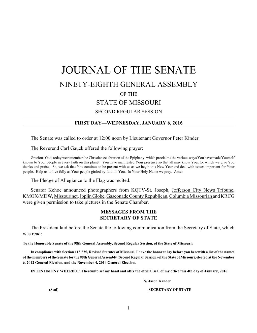 Journal of the Senate Ninety-Eighth General Assembly of the State of Missouri Second Regular Session
