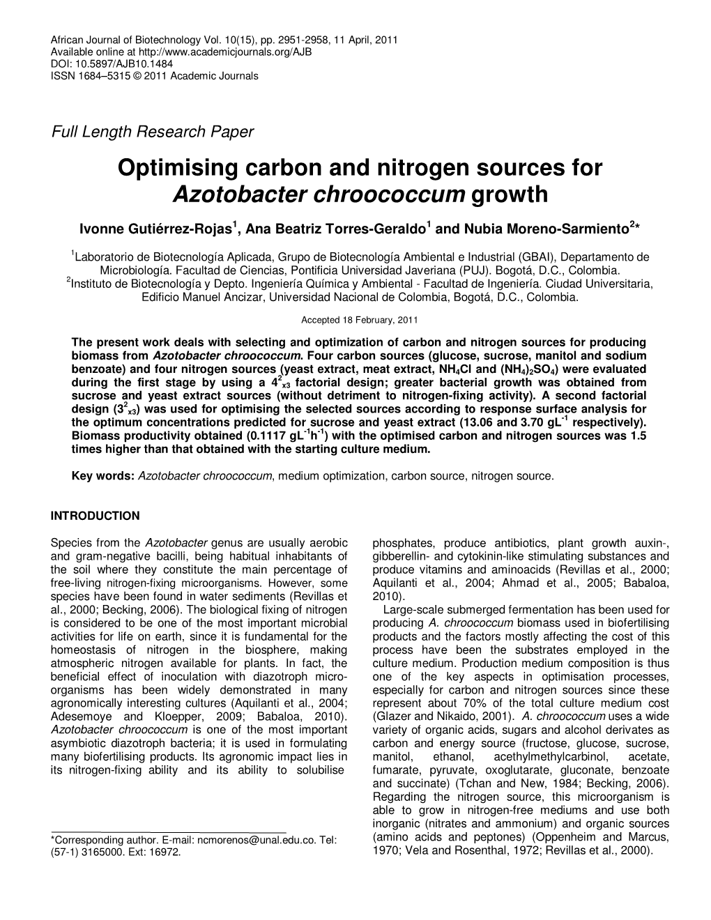 Optimising Carbon and Nitrogen Sources for Azotobacter Chroococcum Growth