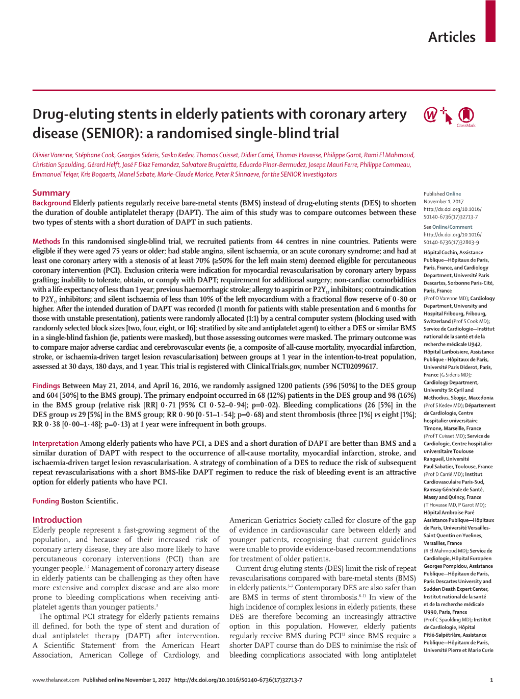 Drug-Eluting Stents in Elderly Patients with Coronary Artery Disease (SENIOR): a Randomised Single-Blind Trial