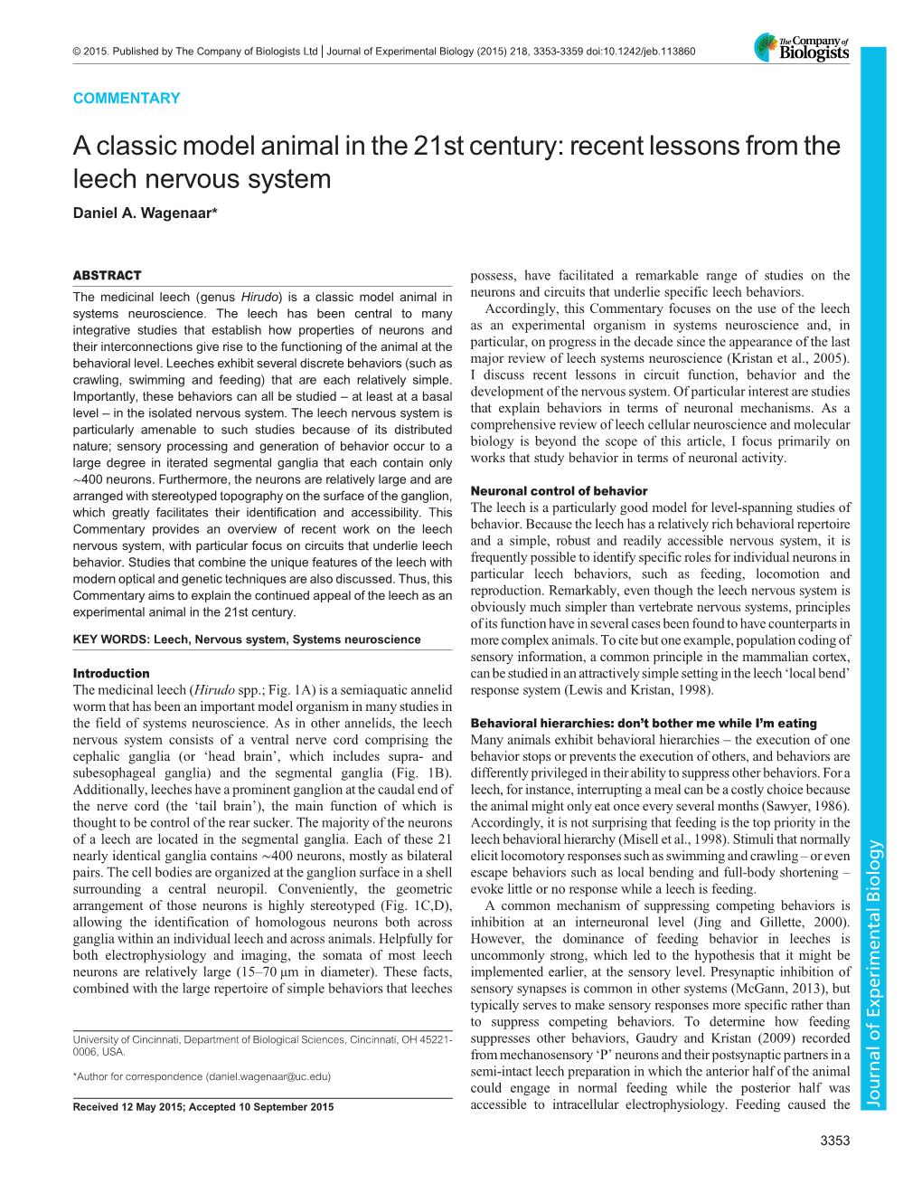 A Classic Model Animal in the 21St Century: Recent Lessons from the Leech Nervous System Daniel A