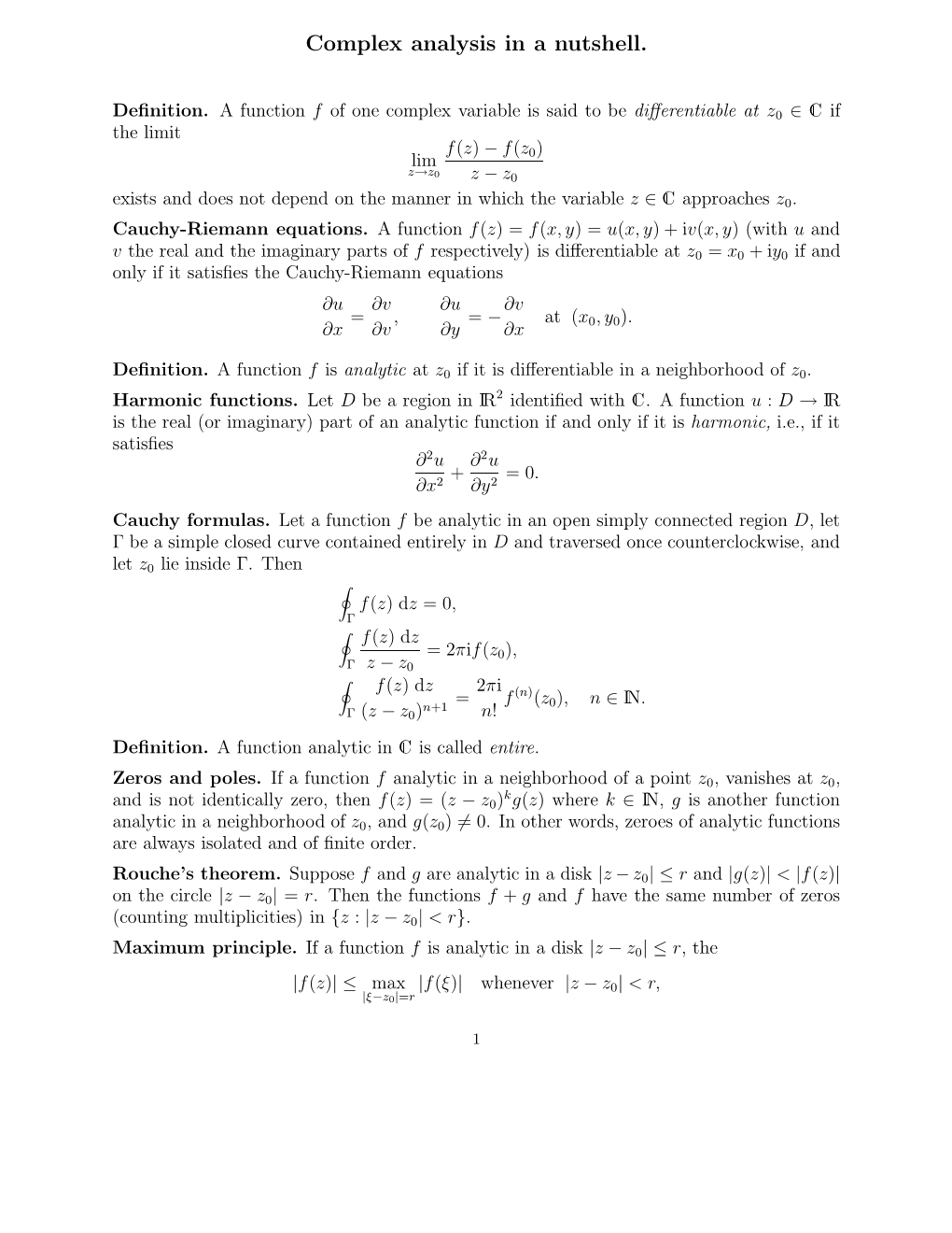 Complex Analysis in a Nutshell