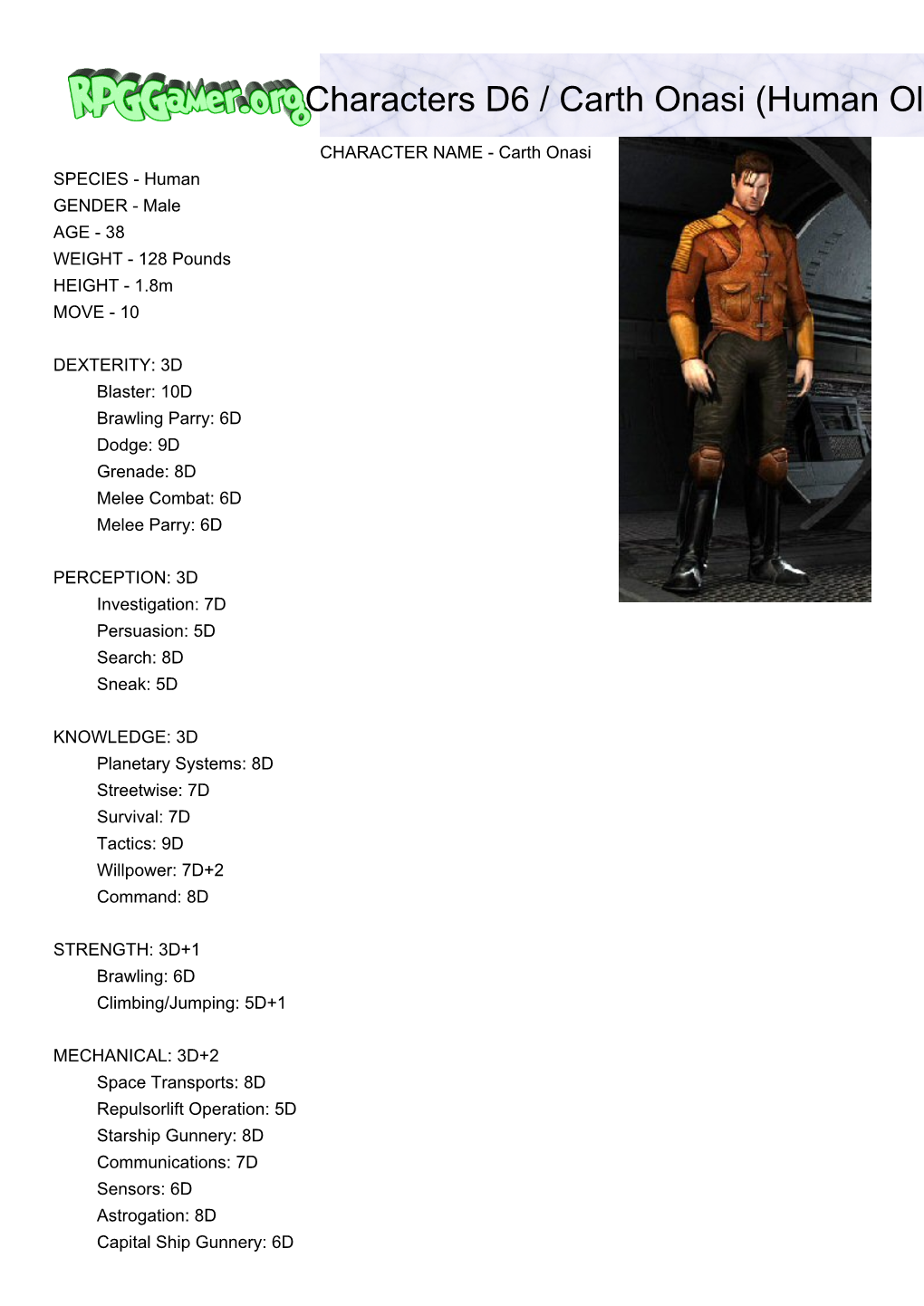 Characters D6 / Carth Onasi (Human Old Republic Soldier)