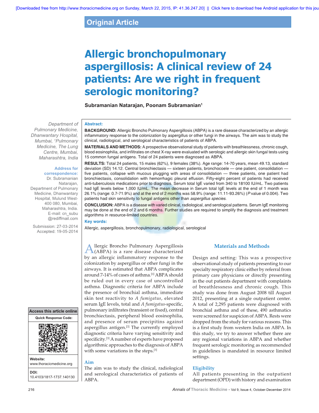 Allergic Bronchopulmonary Aspergillosis: a Clinical Review of 24 Patients: Are We Right in Frequent Serologic Monitoring?