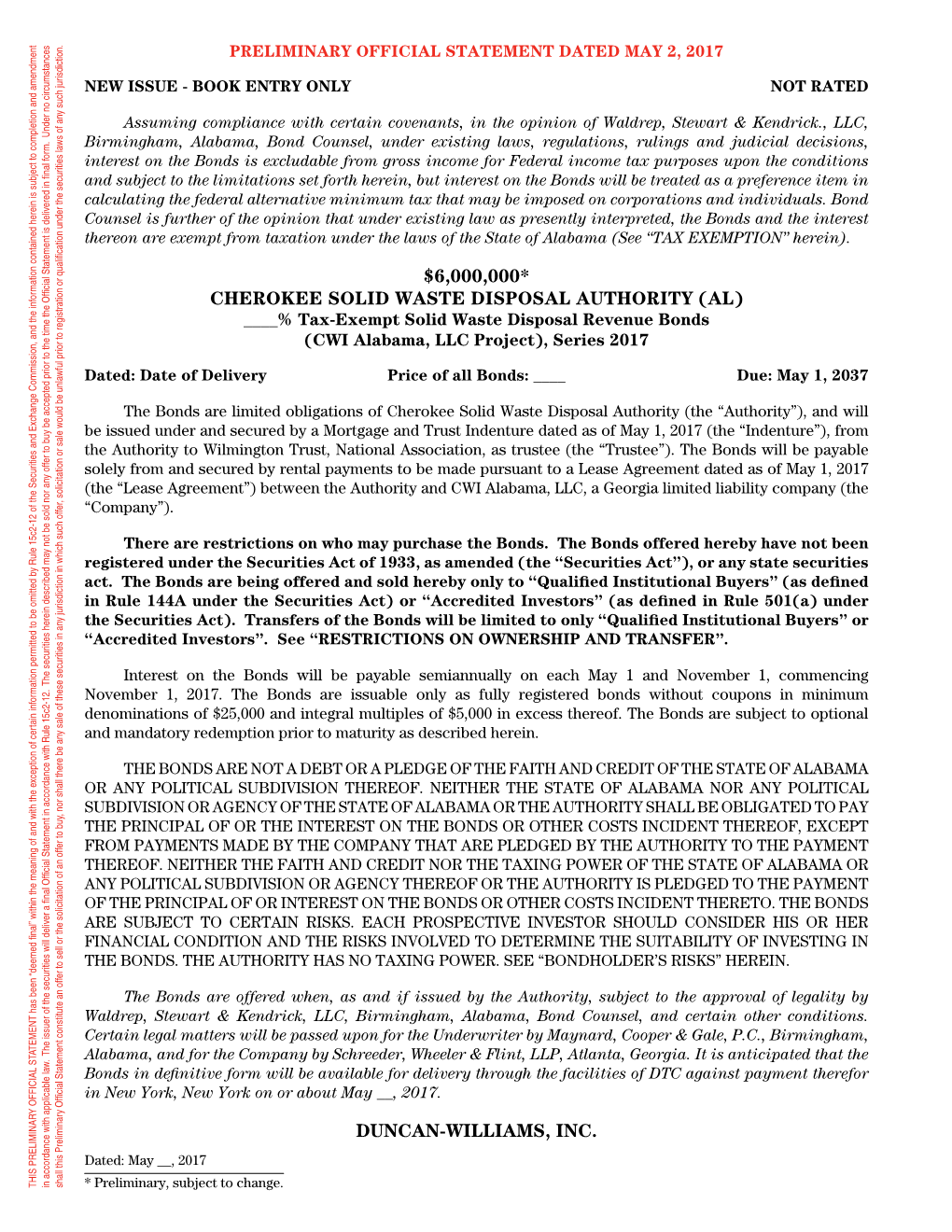 CHEROKEE SOLID WASTE DISPOSAL AUTHORITY (AL) PRELIMINARY OFFICIAL STATEMENT DATED MAY 2, 2017 ____% Tax-Exemptsolidwastedisposalrevenuebonds