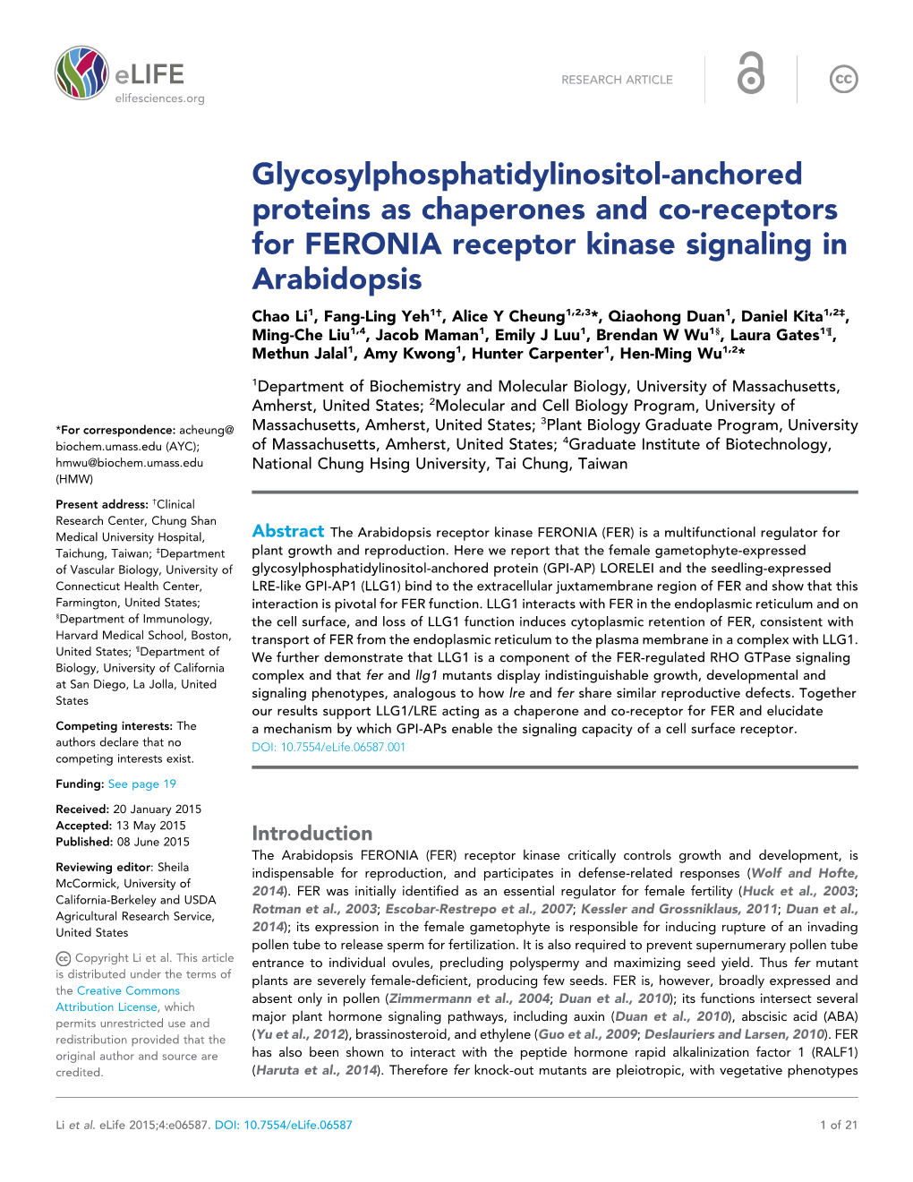 Glycosylphosphatidylinositol-Anchored Proteins As Chaperones and Co-Receptors for FERONIA Receptor Kinase Signaling in Arabidops