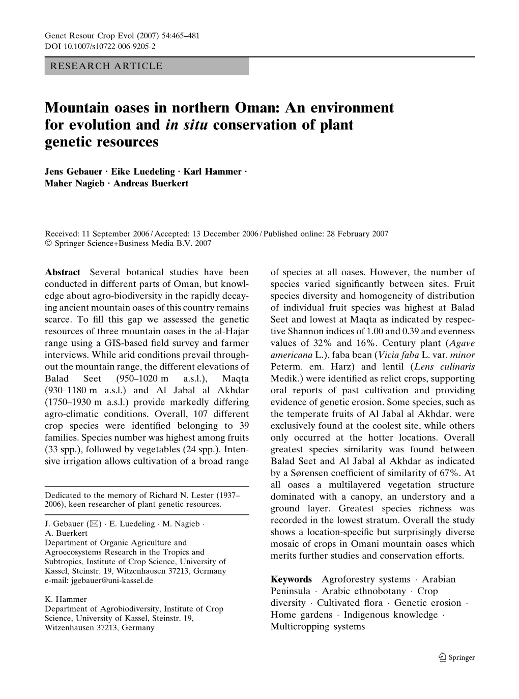 Mountain Oases in Northern Oman: an Environment for Evolution and in Situ Conservation of Plant Genetic Resources