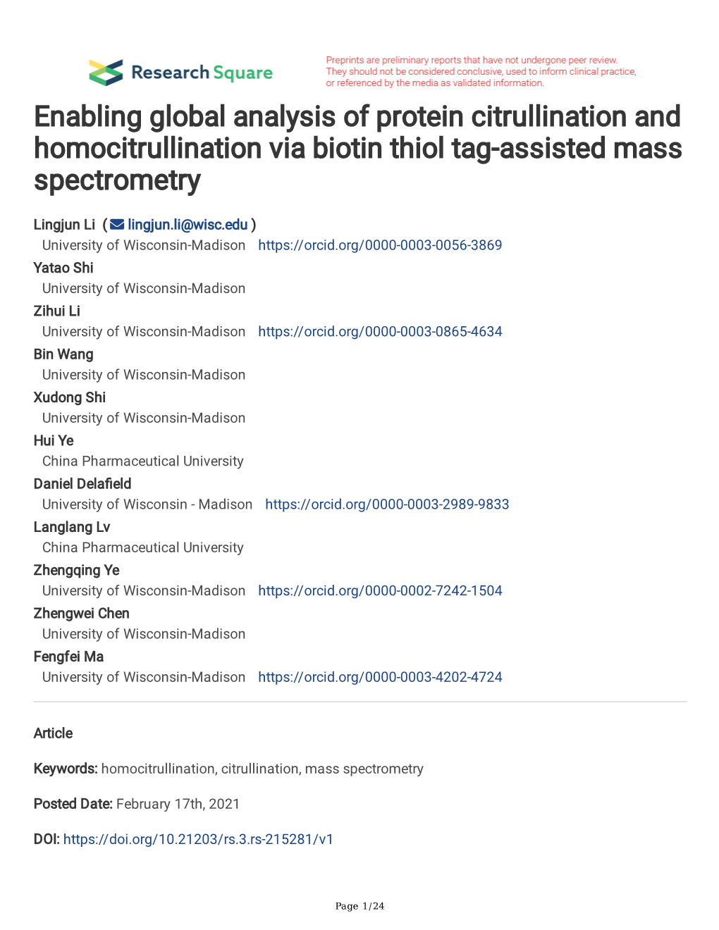 Enabling Global Analysis of Protein Citrullination and Homocitrullination Via Biotin Thiol Tag-Assisted Mass Spectrometry