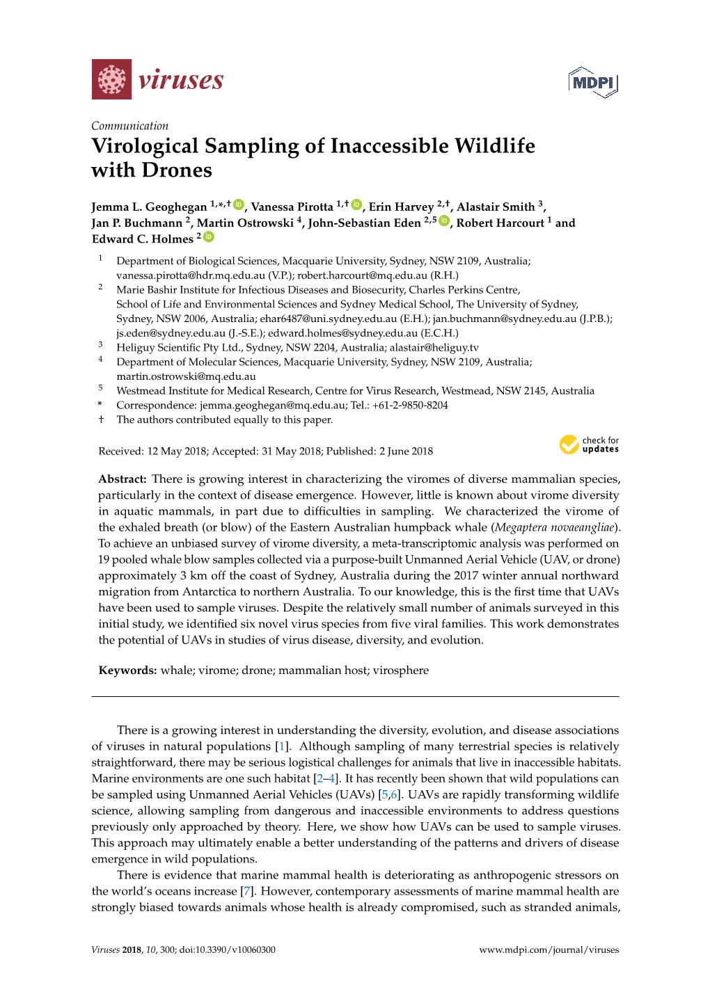 Virological Sampling of Inaccessible Wildlife with Drones