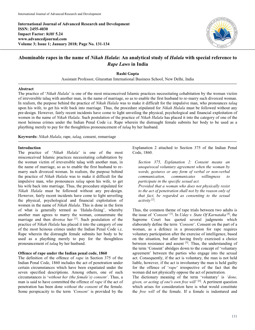 Abominable Rapes in the Name of Nikah Halala: an Analytical Study of Halala with Special Reference to Rape Laws in India