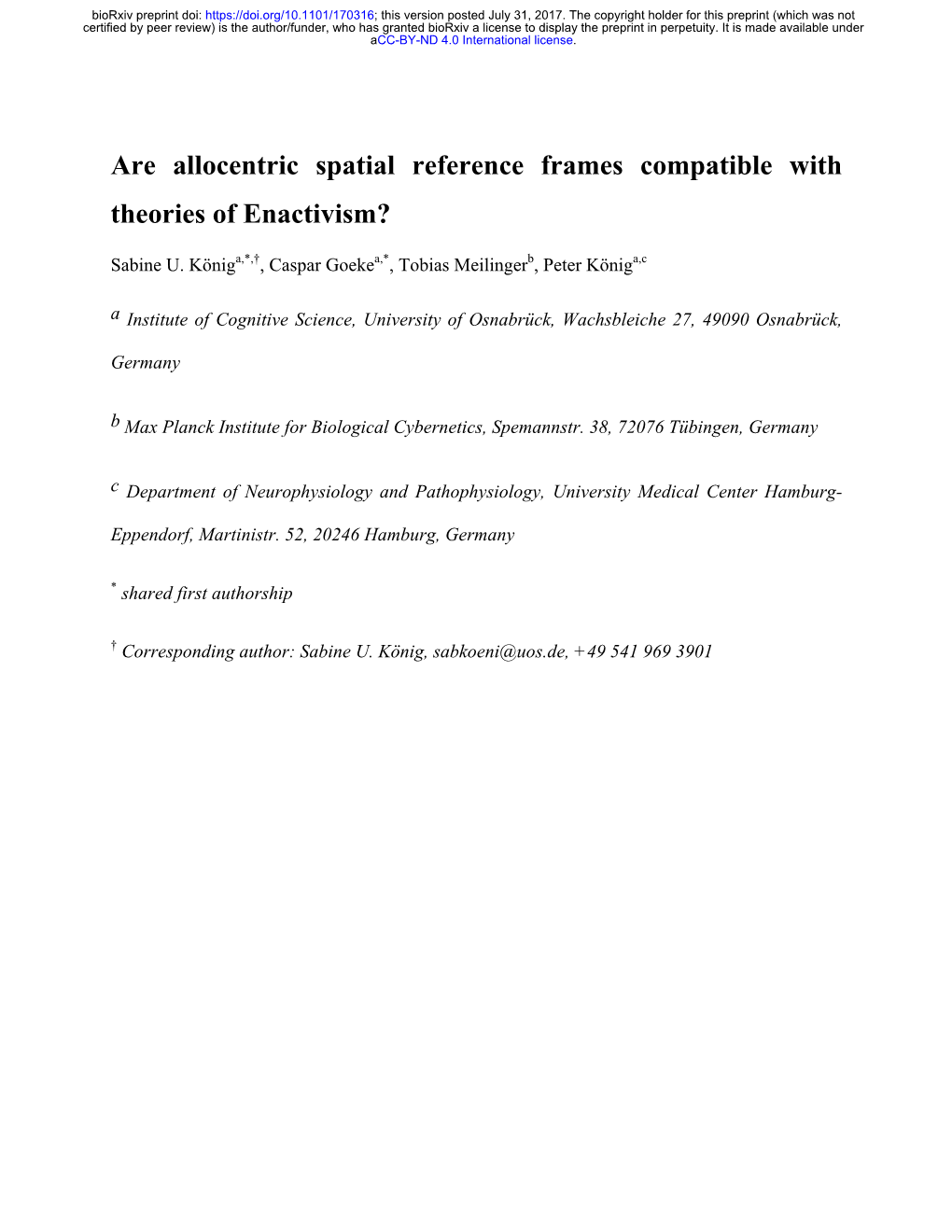 Are Allocentric Spatial Reference Frames Compatible with Theories of Enactivism?