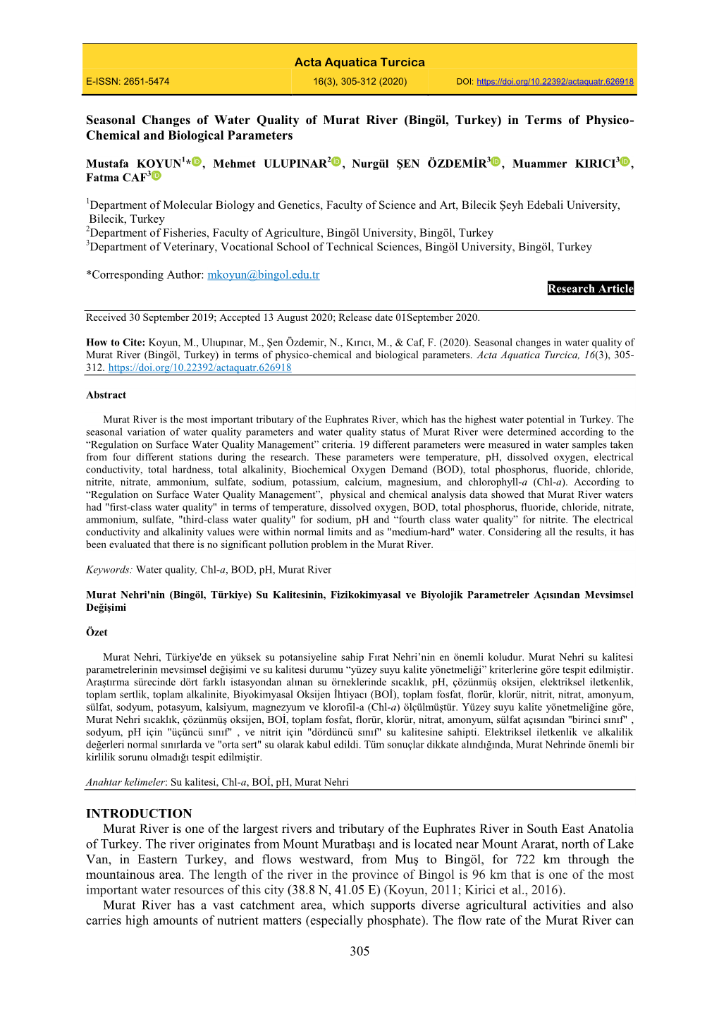 305 Seasonal Changes of Water Quality of Murat River (Bingöl