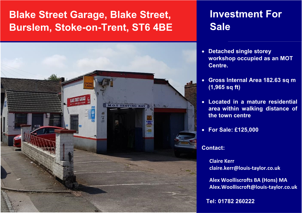 Blake Street Garage, Blake Street, Burslem, Stoke-On-Trent, ST6