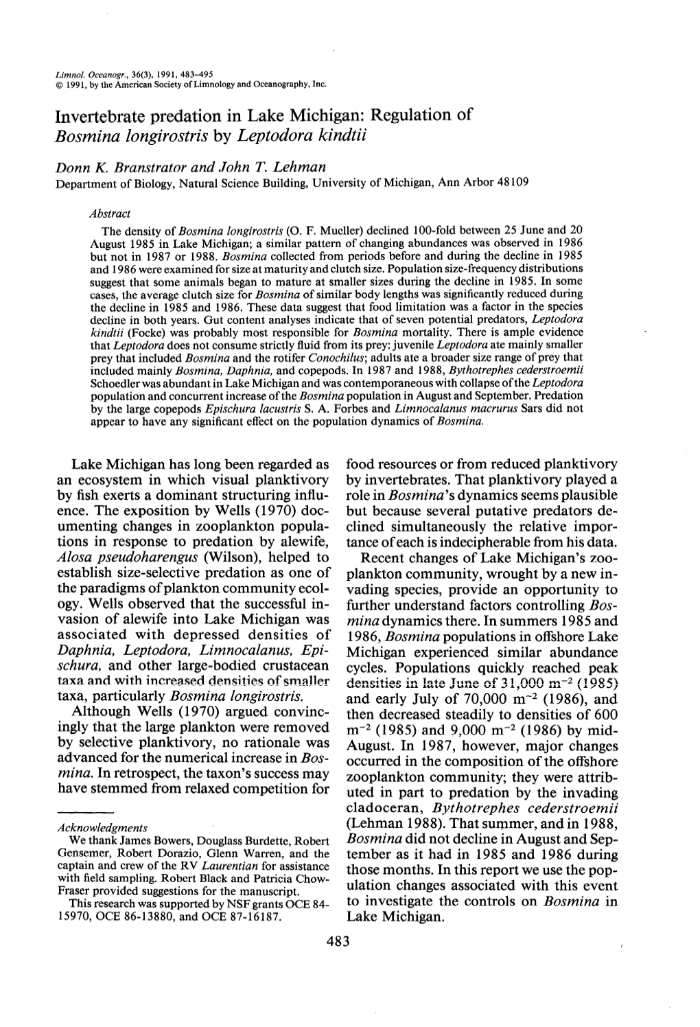 Regulation of Bosmina Longirostris by Leptodora Kindtii