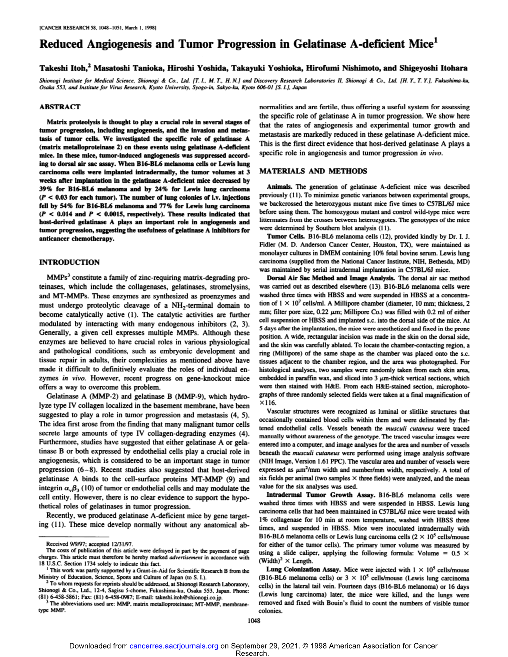 Reduced Angiogenesis and Tumor Progression in Gelatinase A-Deficient Mice1