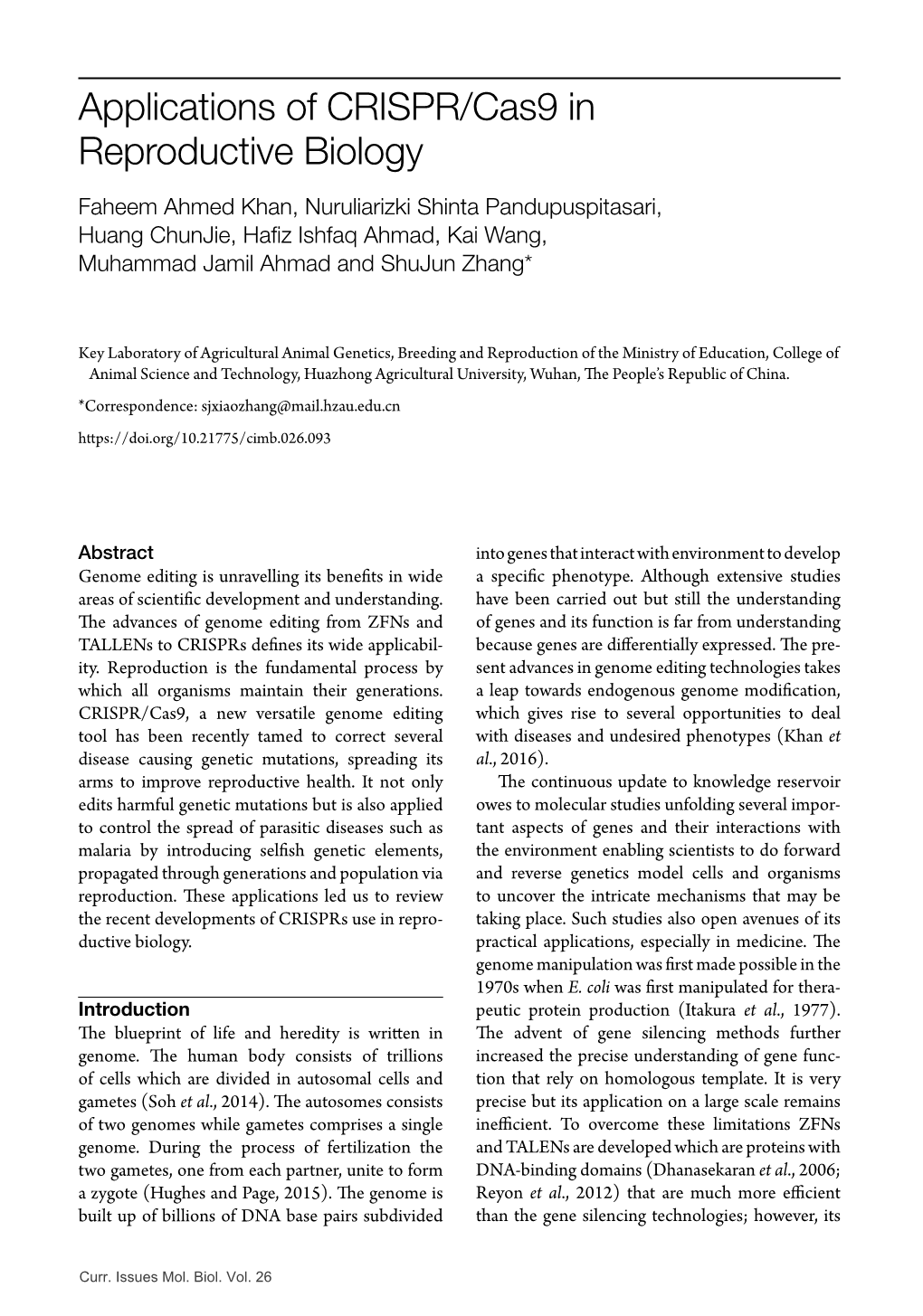 Applications of CRISPR/Cas9 in Reproductive Biology