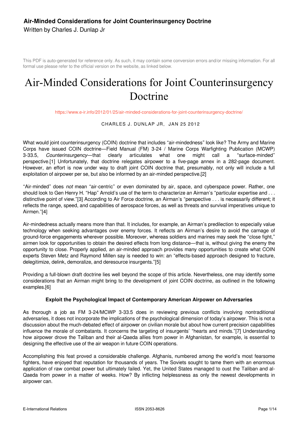Air-Minded Considerations for Joint Counterinsurgency Doctrine Written by Charles J