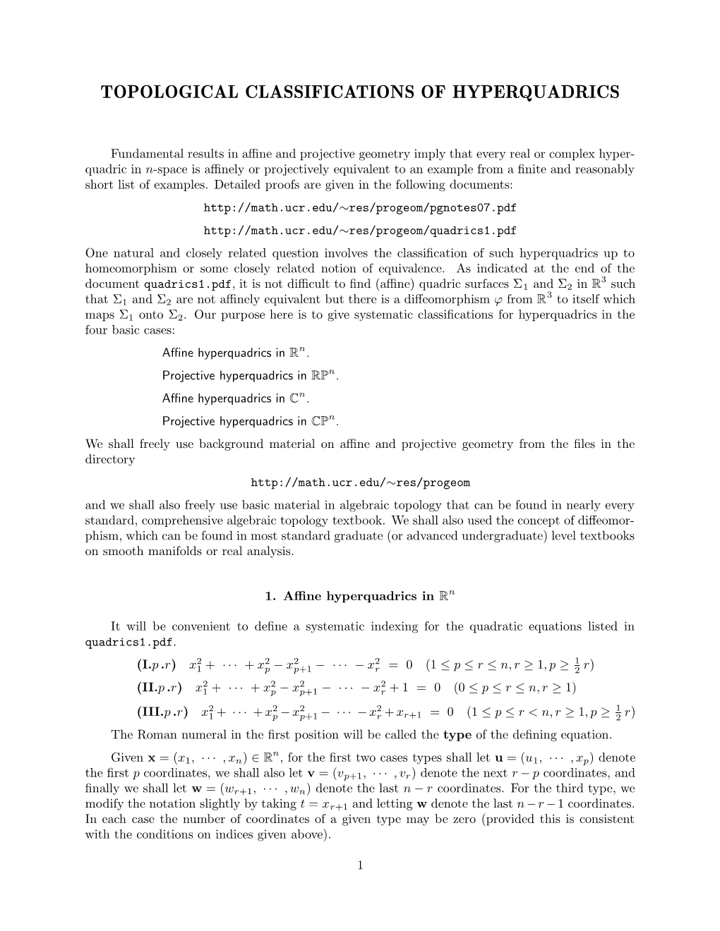 Topological Classifications of Hyperquadrics