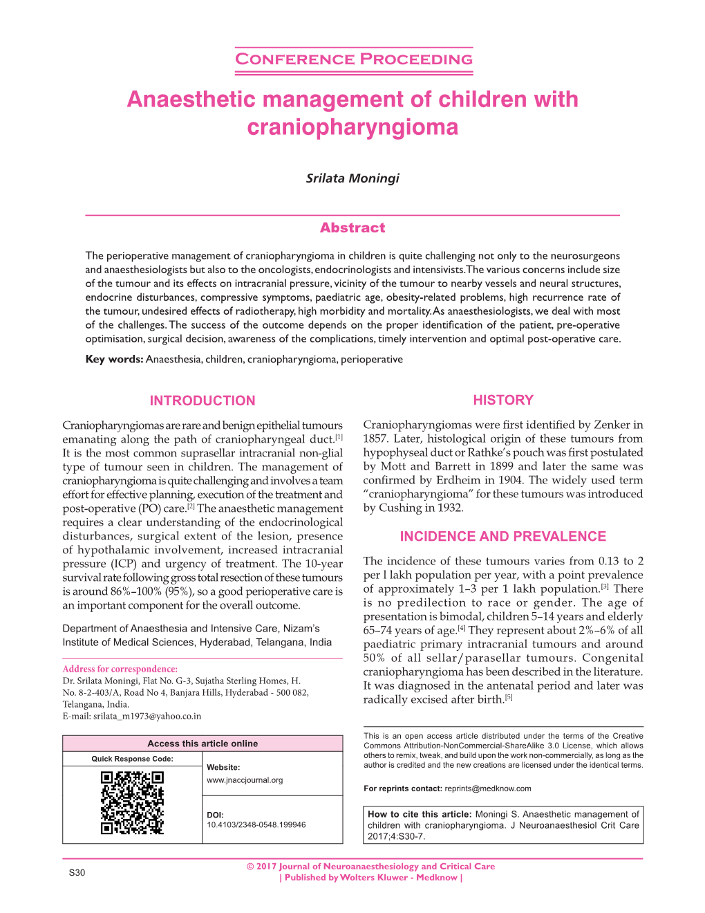 Anaesthetic Management of Children with Craniopharyngioma