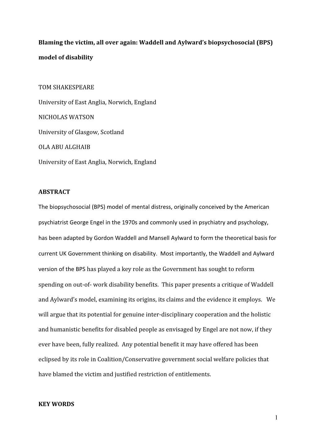 (BPS) Model of Disability TOM SHAKESPEARE Universi