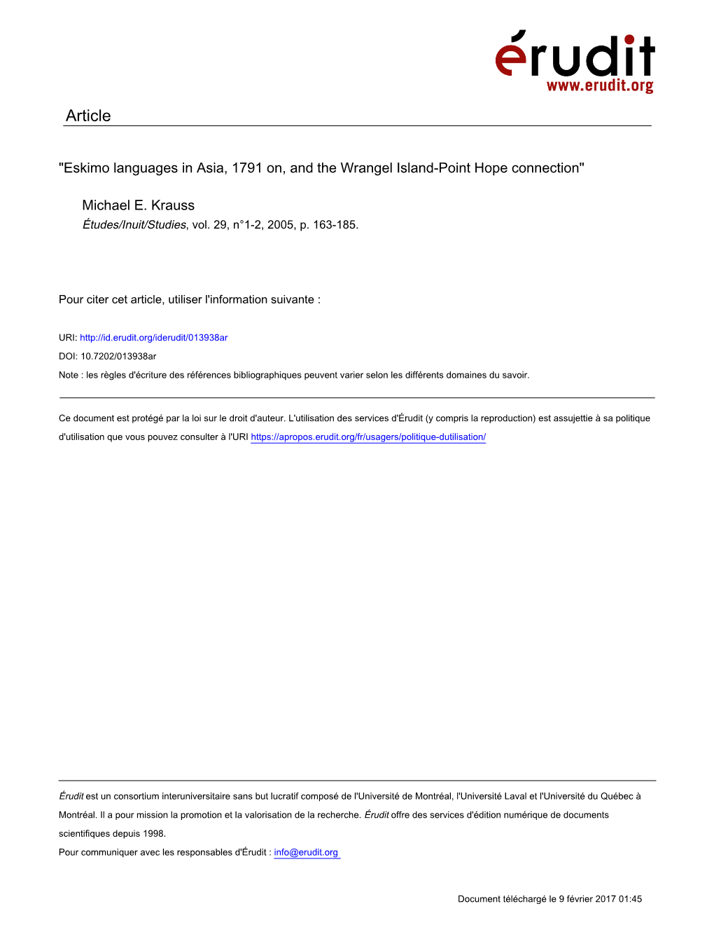 Eskimo Languages in Asia, 1791 On, and the Wrangel Island-Point Hope Connection"