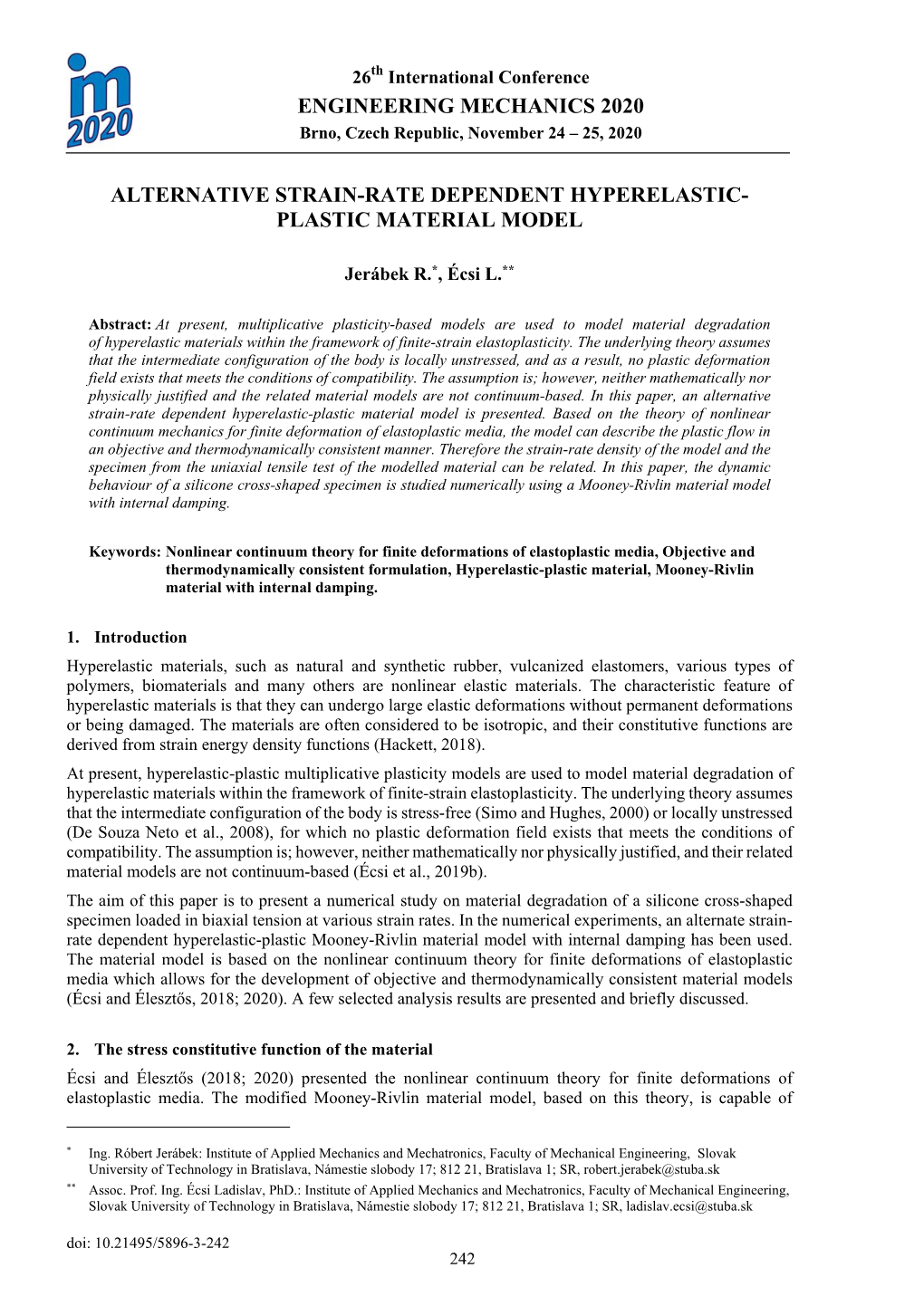 Engineering Mechanics 2020 Alternative Strain-Rate Dependent Hyperelastic- Plastic Material Model