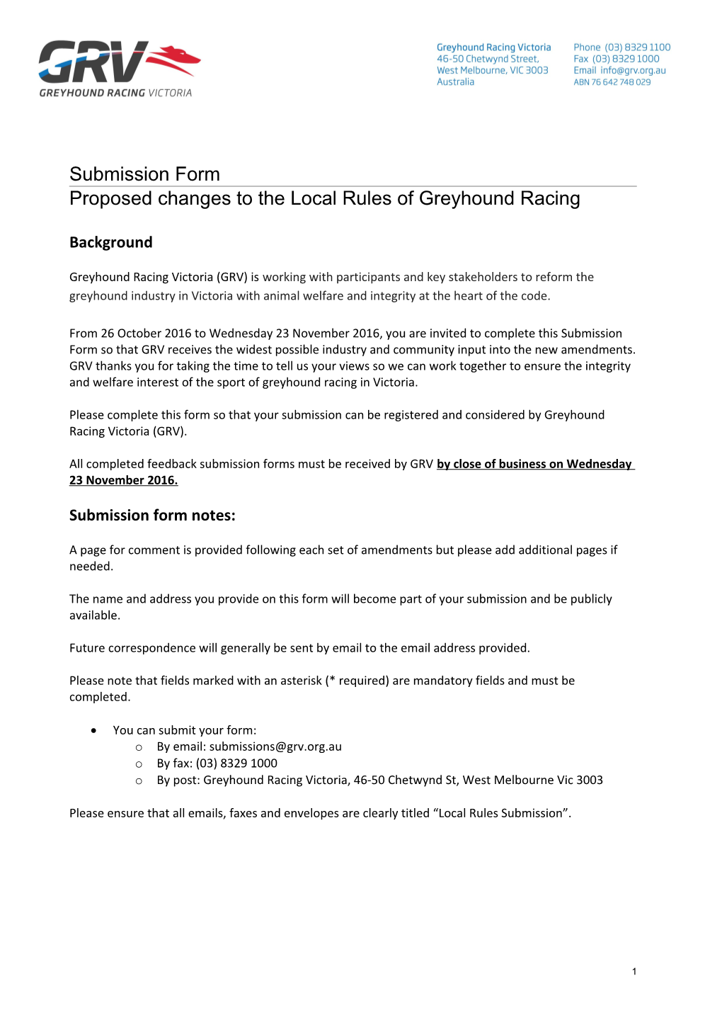 Proposed Changes to the Local Rules of Greyhound Racing