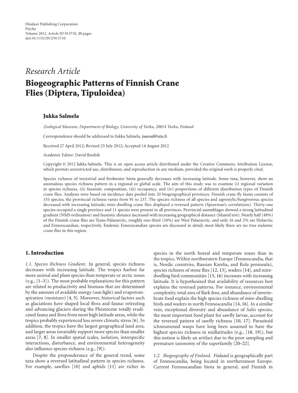 Biogeographic Patterns of Finnish Crane Flies (Diptera, Tipuloidea)