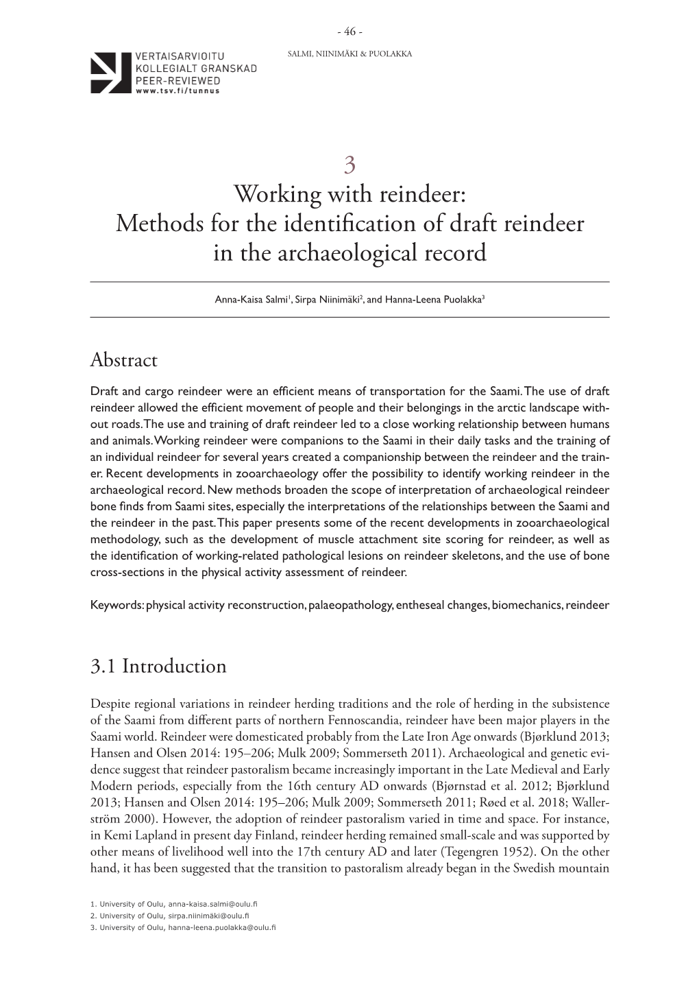 Methods for the Identification of Draft Reindeer in the Archaeological Record