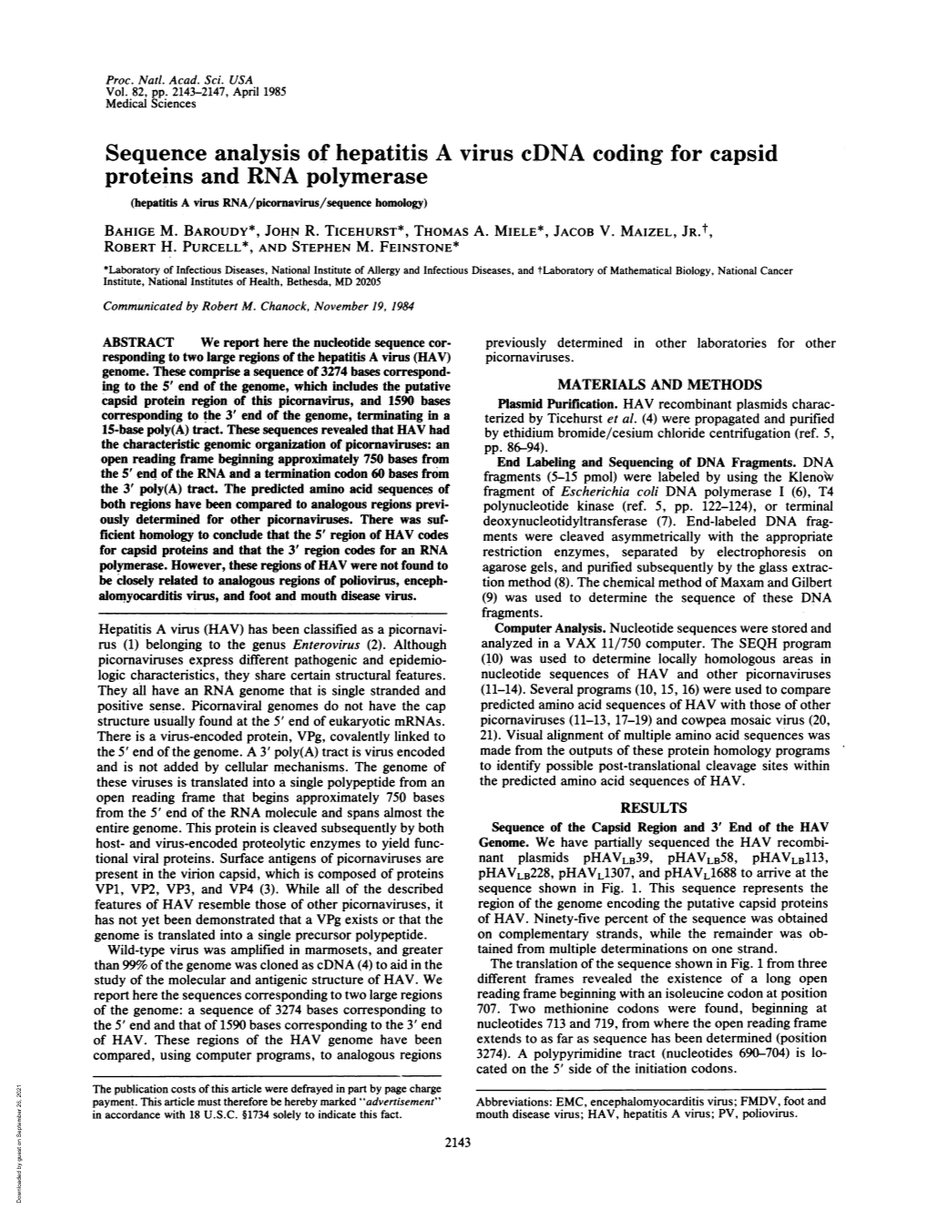 Sequence Analysis of Hepatitis a Virus Cdna Coding for Capsid Proteins and RNA Polymerase (Hepatitis a Virus RNA/Picornavirus/Sequence Homology) BAHIGE M